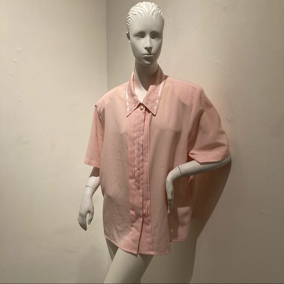 Gorgeous Vintage Pale Pink 80s Embroidered Blouse sz L - Picture 2 of 9